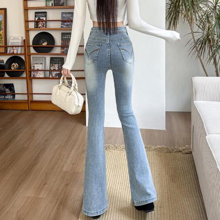 BY10891# 春季新款烫钻牛仔长裤女高腰弹力修身提臀显瘦阔腿喇叭裤 服裝批發女裝批發服飾貨源