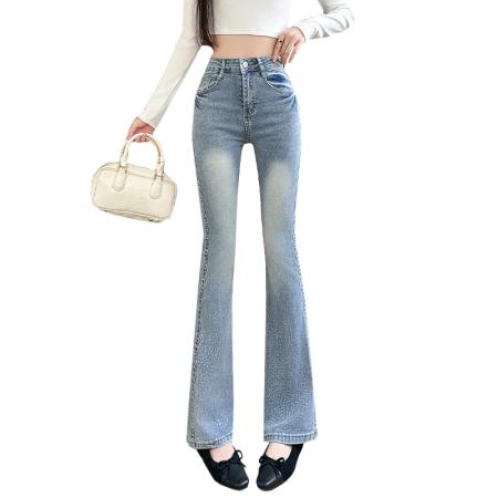 BY10891# 春季新款烫钻牛仔长裤女高腰弹力修身提臀显瘦阔腿喇叭裤 服裝批發女裝批發服飾貨源