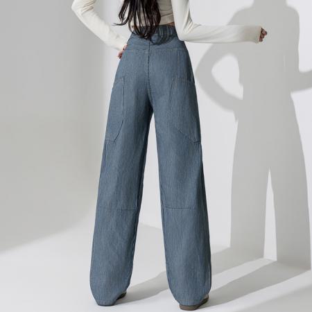 BY10892# 春季新款条纹牛仔长裤女美式高腰宽松大口袋阔腿弯刀裤 服裝批發女裝批發服飾貨源