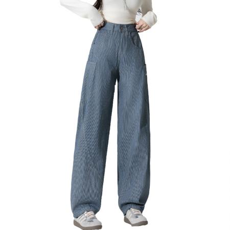 BY10892# 春季新款条纹牛仔长裤女美式高腰宽松大口袋阔腿弯刀裤 服裝批發女裝批發服飾貨源