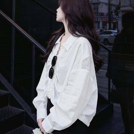 BY10895# 法式设计感拼接蕾丝长袖衬衫女装春季休闲宽松显瘦上衣 服裝批發女裝批發服飾貨源