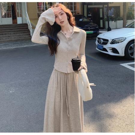 BY10896# 设计感小众喇叭袖修身显瘦针织衫加针织高腰抽绳慵懒风长垂感伞裙 服裝批發女裝批發服飾貨源