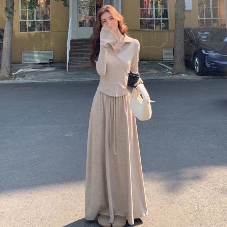 BY10896# 设计感小众喇叭袖修身显瘦针织衫加针织高腰抽绳慵懒风长垂感伞裙 服裝批發女裝批發服飾貨源