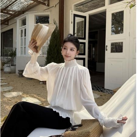 BY10897# 莉莉娅姜雯温柔简约花瓣袖奶白长袖衬衫白色上衣洋气新款 服裝批發女裝批發服飾貨源