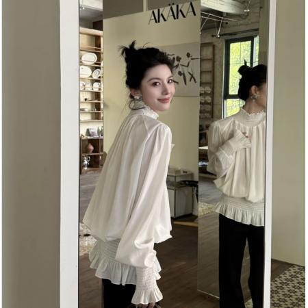 BY10897# 莉莉娅姜雯温柔简约花瓣袖奶白长袖衬衫白色上衣洋气新款 服裝批發女裝批發服飾貨源