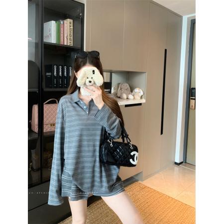 BY10899# 条纹休闲polo领长袖T恤短裤时尚套装 服裝批發女裝批發服飾貨源