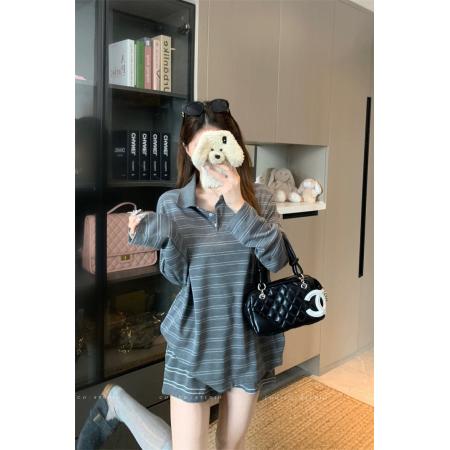 BY10899# 条纹休闲polo领长袖T恤短裤时尚套装 服裝批發女裝批發服飾貨源