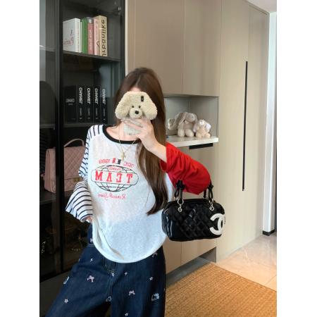 BY10900# 防晒T新款薄款复古条纹撞色拼接长袖T恤女 服裝批發女裝批發服飾貨源