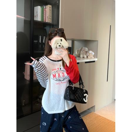 BY10900# 防晒T新款薄款复古条纹撞色拼接长袖T恤女 服裝批發女裝批發服飾貨源