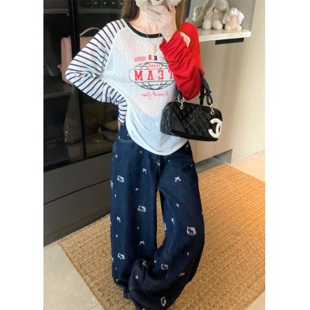 BY10900# 防晒T新款薄款复古条纹撞色拼接长袖T恤女 服裝批發女裝批發服飾貨源