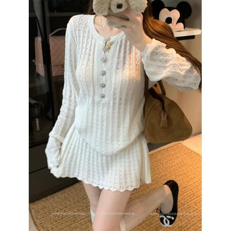 BY10901# 法式小香风针织套装女春季白色长袖上衣短裙两件套 服裝批發女裝批發服飾貨源
