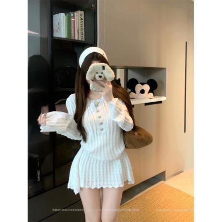 BY10901# 法式小香风针织套装女春季白色长袖上衣短裙两件套 服裝批發女裝批發服飾貨源
