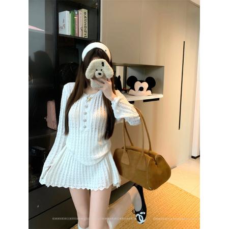 BY10901# 法式小香风针织套装女春季白色长袖上衣短裙两件套 服裝批發女裝批發服飾貨源
