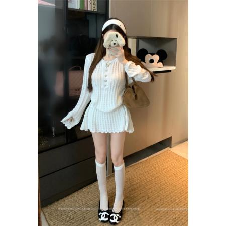 BY10901# 法式小香风针织套装女春季白色长袖上衣短裙两件套 服裝批發女裝批發服飾貨源