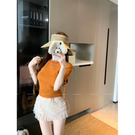 BY10902# 圆领绑带短袖针织衫女初春新款设计感短款上衣 服裝批發女裝批發服飾貨源