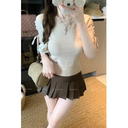 BY10902# 圆领绑带短袖针织衫女初春新款设计感短款上衣 服裝批發女裝批發服飾貨源