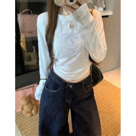 BY10904# 提花白色蕾丝花边字母圆领长袖T恤女秋季修身内搭打底上衣 服裝批發女裝批發服飾貨源