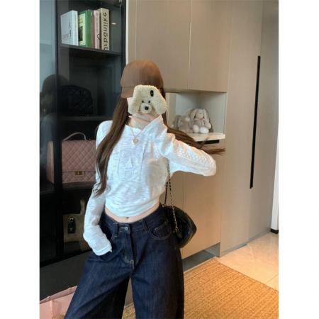 BY10904# 提花白色蕾丝花边字母圆领长袖T恤女秋季修身内搭打底上衣 服裝批發女裝批發服飾貨源