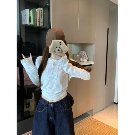 BY10904# 提花白色蕾丝花边字母圆领长袖T恤女秋季修身内搭打底上衣 服裝批發女裝批發服飾貨源