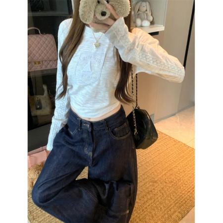 BY10904# 提花白色蕾丝花边字母圆领长袖T恤女秋季修身内搭打底上衣 服裝批發女裝批發服飾貨源