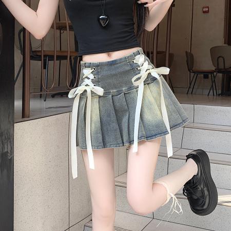 BY10907# 美式纯欲风辣妹设计感弹力牛仔百褶半身裙裤裙 服裝批發女裝批發服飾貨源