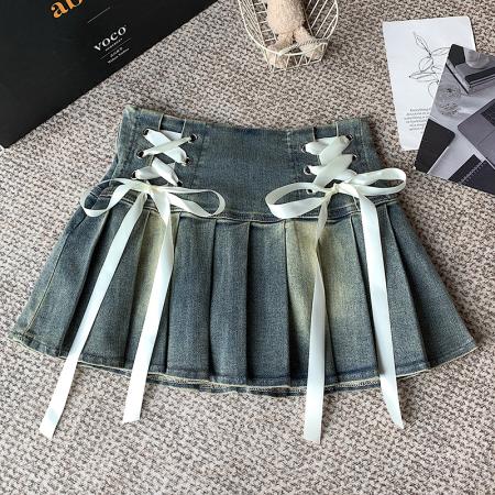 BY10907# 美式纯欲风辣妹设计感弹力牛仔百褶半身裙裤裙 服裝批發女裝批發服飾貨源