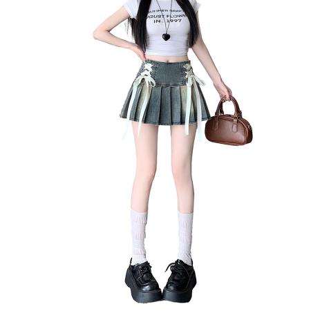 BY10907# 美式纯欲风辣妹设计感弹力牛仔百褶半身裙裤裙 服裝批發女裝批發服飾貨源