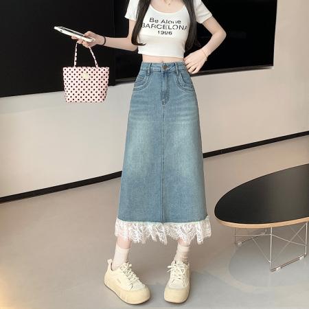 BY10909# 新款高腰a字裙中长款蕾丝拼接牛仔半身裙女 服裝批發女裝批發服飾貨源
