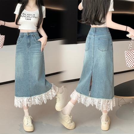 BY10909# 新款高腰a字裙中长款蕾丝拼接牛仔半身裙女 服裝批發女裝批發服飾貨源