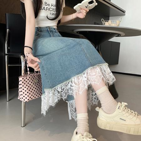 BY10909# 新款高腰a字裙中长款蕾丝拼接牛仔半身裙女 服裝批發女裝批發服飾貨源