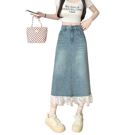 BY10909# 新款高腰a字裙中长款蕾丝拼接牛仔半身裙女 服裝批發女裝批發服飾貨源