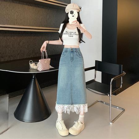 BY10909# 新款高腰a字裙中长款蕾丝拼接牛仔半身裙女 服裝批發女裝批發服飾貨源