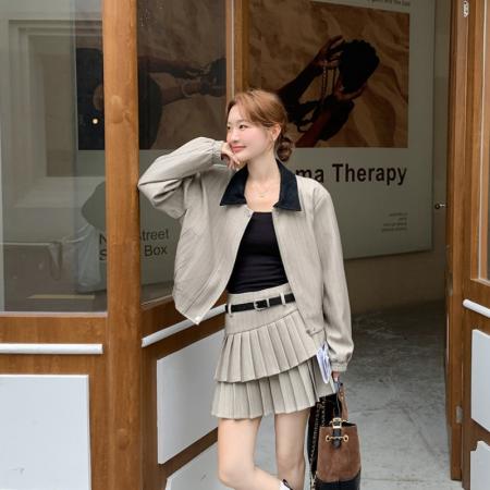 BY10911# 法式高级感套装条纹卡其色翻领夹克外套高腰双层百褶裙两件套秋季 服裝批發女裝批發服飾貨源