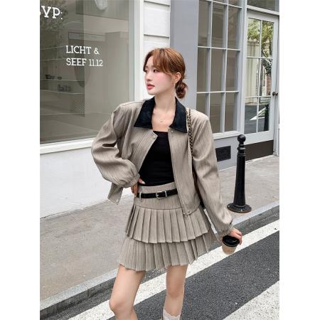 BY10911# 法式高级感套装条纹卡其色翻领夹克外套高腰双层百褶裙两件套秋季 服裝批發女裝批發服飾貨源