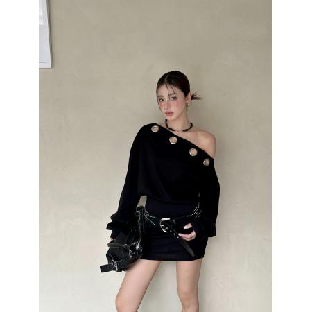 BY10912# 连衣裙女秋设计感小众辣妹风一字领收腰显瘦包臀短裙配腰带 服裝批發女裝批發服飾貨源