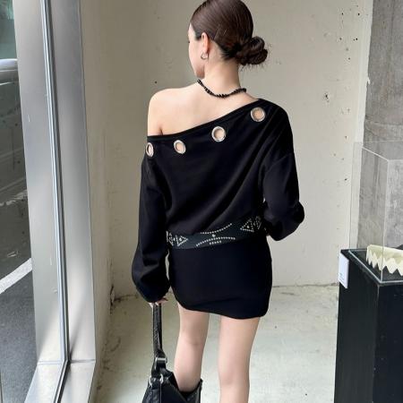 BY10912# 连衣裙女秋设计感小众辣妹风一字领收腰显瘦包臀短裙配腰带 服裝批發女裝批發服飾貨源