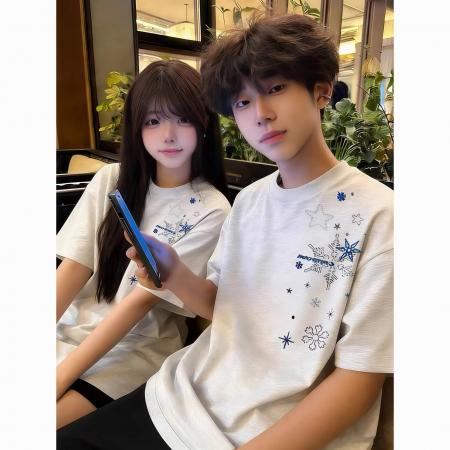 BY10915# 纯棉原版刺绣品质升级夏季百搭圆领宽松T恤星星雪花情侣上衣 服裝批發女裝批發服飾貨源