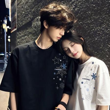 BY10915# 纯棉原版刺绣品质升级夏季百搭圆领宽松T恤星星雪花情侣上衣 服裝批發女裝批發服飾貨源