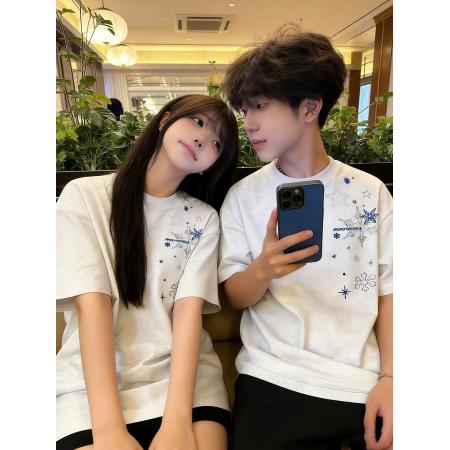 BY10915# 纯棉原版刺绣品质升级夏季百搭圆领宽松T恤星星雪花情侣上衣 服裝批發女裝批發服飾貨源