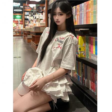 BY10916# 纯棉原版刺绣品质升级美式设计白灰色上衣字母花朵短袖T恤 服裝批發女裝批發服飾貨源