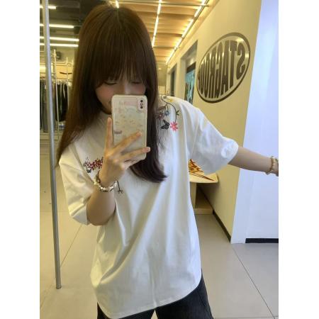 BY10919# 纯棉原版刺绣品质升级夏季圆领新款花朵字母设计上衣 服裝批發女裝批發服飾貨源