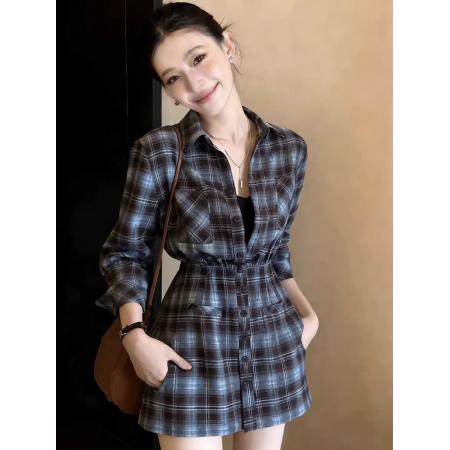 BY10922# 格子衬衫女长袖春季新款独特减龄超好看的不撞衫高级感衬衫裙 服裝批發女裝批發服飾貨源