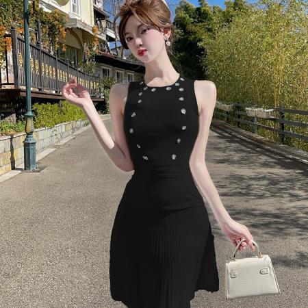 BY10923# 法式纯欲套装裙设计感修身小众气质无袖背心上衣百褶短裙 服裝批發女裝批發服飾貨源