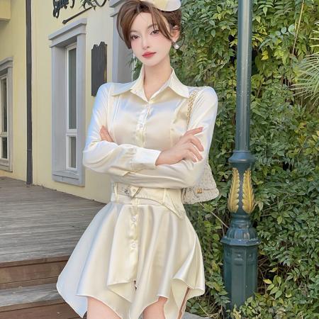 BY10925# 法式纯欲缎面长袖收腰显瘦百褶连衣裙设计感辣妹衬衫裙 服裝批發女裝批發服飾貨源