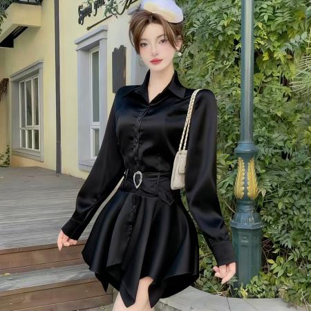 BY10925# 法式纯欲缎面长袖收腰显瘦百褶连衣裙设计感辣妹衬衫裙 服裝批發女裝批發服飾貨源