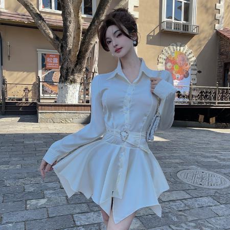 BY10925# 法式纯欲缎面长袖收腰显瘦百褶连衣裙设计感辣妹衬衫裙 服裝批發女裝批發服飾貨源