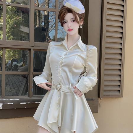 BY10925# 法式纯欲缎面长袖收腰显瘦百褶连衣裙设计感辣妹衬衫裙 服裝批發女裝批發服飾貨源