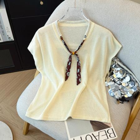 BY10926# 韩版简约丝巾V领小飞袖T恤女夏季新款设计感小众显瘦洋气百搭上衣 服裝批發女裝批發服飾貨源