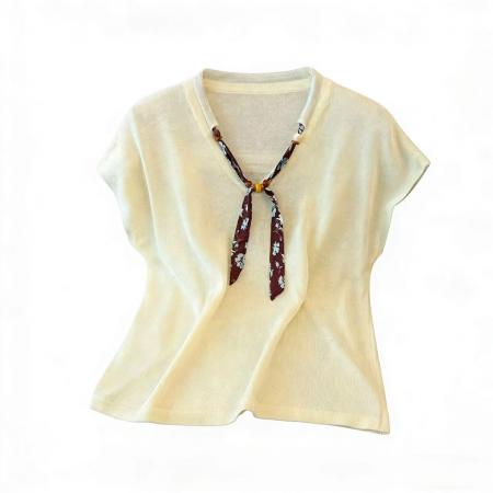 BY10926# 韩版简约丝巾V领小飞袖T恤女夏季新款设计感小众显瘦洋气百搭上衣 服裝批發女裝批發服飾貨源