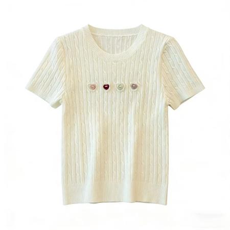 BY10927# 法式立体心心针织衫夏季新款麻花短袖绝美显瘦小衫奶系温柔风上衣 服裝批發女裝批發服飾貨源